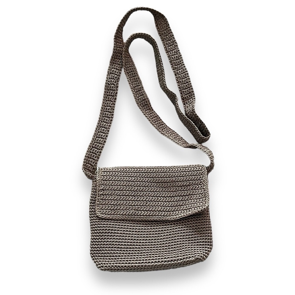 The Sak Mini Crossbody Crochet Purse Flap w/zip closure Taupe Retro Y2K Travel